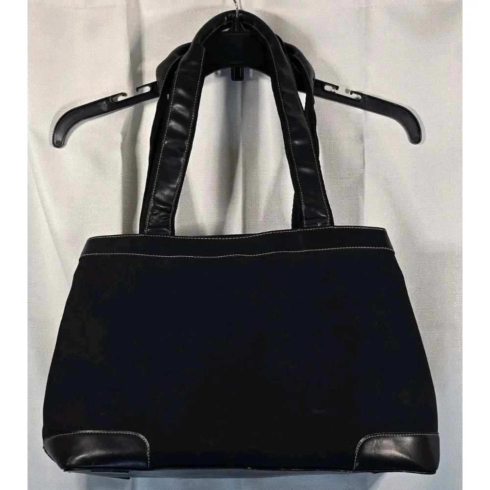 Vintage Liz Claiborne Black Double Strap‎ Red Lining Faux Leather Hand Bag